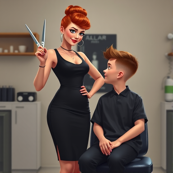 A vivacious ginger-haired barberette in her mid-20s, styled with a playful updo, adorned in a sleek, form-fitting black summer dress that ends mid-thigh. She stands confidently with one hip cocked, wielding a pair of gleaming, long sharp scissors expertly in her hand. Her expression is one of mischievous assurance, directed at her young male client seated beside her. The 19-year-old boy exhibits a fresh, ultra-short haircut that contrasts his previously long locks scattered on the floor, looking up at the barberette with a mix of surprise and admiration for her handiwork. The scene is lively and dynamic, capturing the energy of the stylish salon encounter.