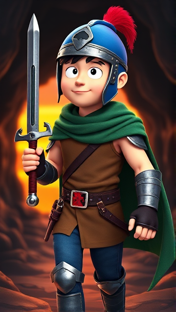 3D CGI: Stan Marsh from South Park, light skin and black hair, but as a 14-Year Old teenager with an extremely muscular torso, dressed as a medieval knighted warrior with a light brown tank top, a black belt with a red buckle adorned with a castle emblem, with a few pouches and the scabbard for his sword attached to it, blue jeans, steel armored boots, jeweled wrist cuffs, a big and long green cape, and a blue helmet with one silhouetted buffalo head emblem on both sides, outlined by silver steel rims lined around and across the top, with a long red feather sticking out at the top, now known as Sir Marsh. Despite still being a teenage kid, he is the Youngest Commander of the Zaronian Army, and one of the youngest and greatest heroes hailing from South Park, Colorado, but now reborn as the real life Kingdom of Kupa Keep, Zaron. His weapon is the legendary enchanted sword called the Slashing Blade Of The Ranger, which he swings with pride as he slashes his enemies down to size. The young teenage warrior knight is currently walking through a dark cavern, on a quest to find a mysterious enchanted artifact.