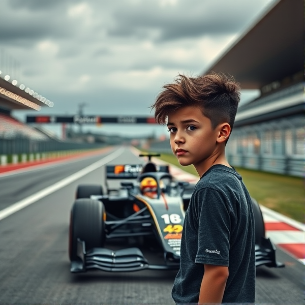 can you make a 17 year old kid with fluffy dark hair kinda on the skinnier side and can you make him stand by a f1 race car on a really cool track.