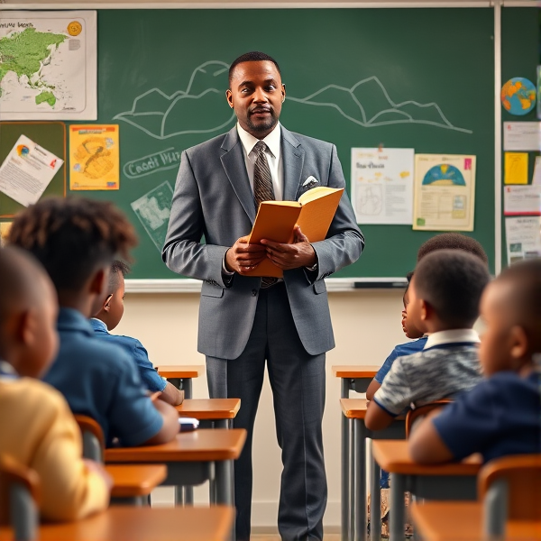 Directeur d'école afro-américain debout tenant un classeur dans ses mains portant un costume formel, dans une salle de classe avec un tableau vert, s'adressant avec bienveillance à un groupe d'élèves afro-américaines attentives de huit ans assises à leurs pupitres. Ils sont entourés de matériel pédagogique adapté à leur âge, comme des cartes géographiques, des affiches éducatives et des dessins d'enfants accrochés aux murs. La scène dégage une atmosphère chaleureuse et encourageante.