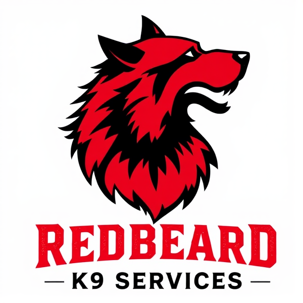 Create a professional and dynamic logo for "Redbeard K9 Services" that combines a stylized, majestic red beard with the silhouette of a noble, strong, and loyal dog. The design should convey power and faithfulness, appropriate for a company's branding and corporate identity. The logo must feature a rich red color scheme for the beard with black and white elements to ensure contrast and visual impact. The company name should be displayed in a bold, authoritative yet welcoming font below the image.