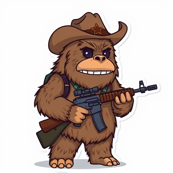 Tactical Sasquatch holding a rifle wearing a cowboy hat