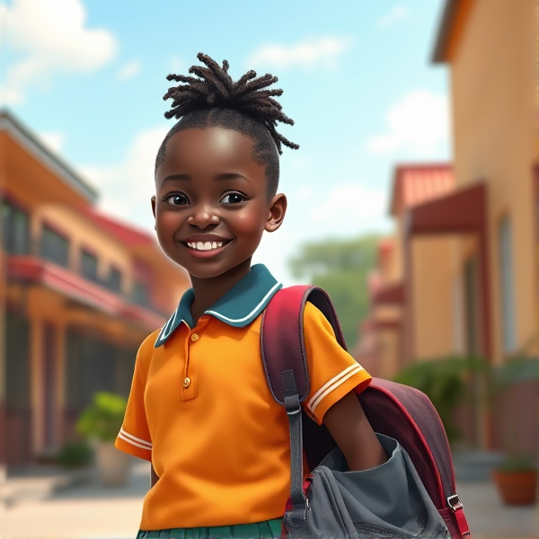 Jeune écolière africaine de huit ans, coiffée de tresses africaines serrées, souriante, portant un uniforme d'école coloré et tenant un cartable robuste sur le chemin de l'école sous un ciel clair matinal