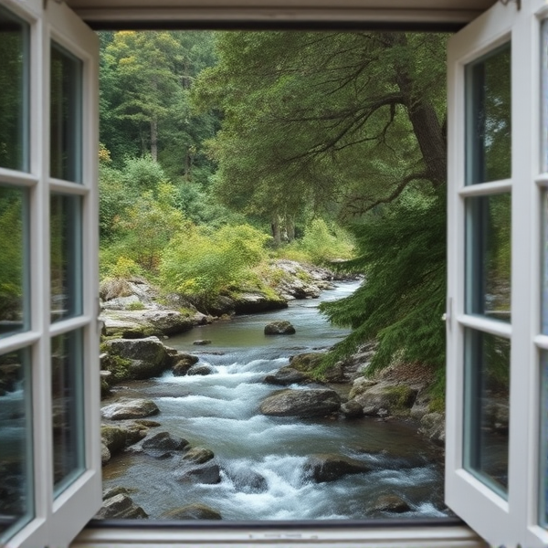 Window looking out over a flowing stream with trees rock and greenary