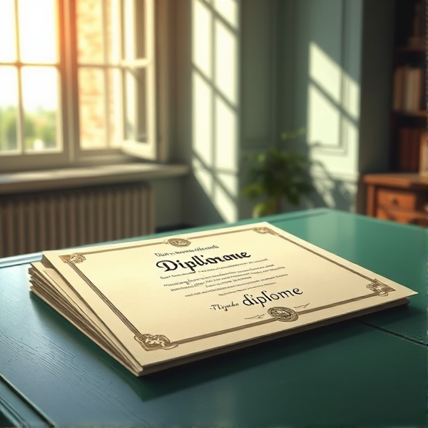 diplôme posé soigneusement sur une table verte avec l'inscription diplôme en français lumière douce de matin filtrant par une fenêtre ouverte, ambiance studieuse