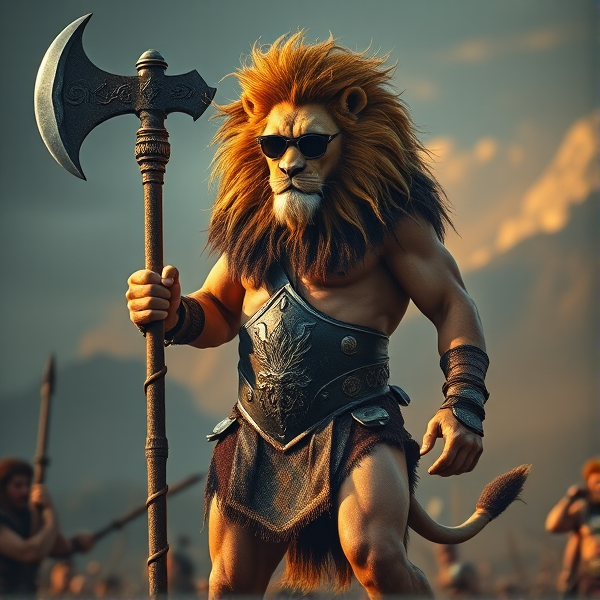 Un Lion barbare dieux du soleil une hache comme Léo escanor, avec des poils de lion et une carrure imposante et avec la ceinture de LA KNIGHT le catcheur et ces lunettes de soleil, il se trouve dans un champs de bataille et ces le seul vivant