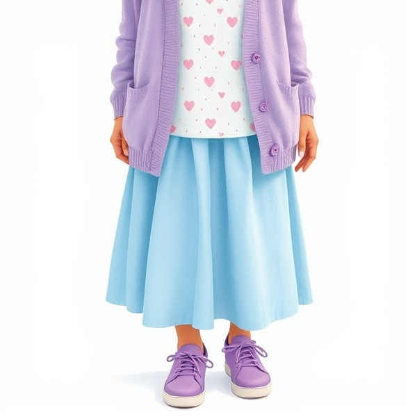 A woman donning a soft sky-blue skirt with lilac cardigan over a crisp white blouse adorned with petite pink hearts. The cardigan is open to showcase the blouse underneath. She wears stylish lavender sneakers that are embedded with twinkling LED lights, creating an illusion of tiny stars shimmering with each step she takes