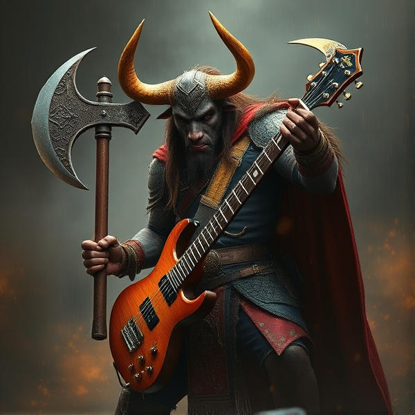Créer une image d'un minotaure guerrier avec une guitare hache