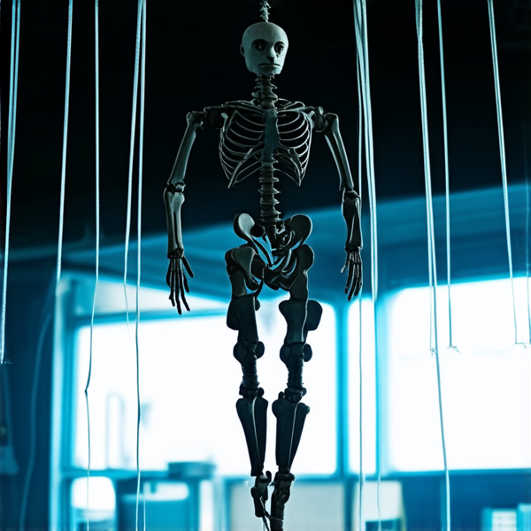 Un pantin de sexe masculin désarticulé, suspendu par des fils dans un environnement dystopique