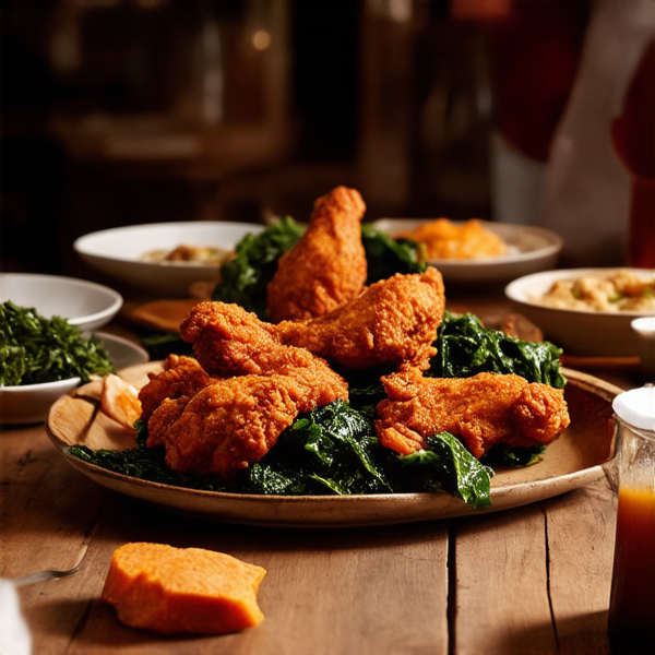 Repas de famille afro-américaine traditionnel, plusieurs générations réunies autour d'une grande table en bois rustique, débordante de plats faits maison typiques comme le poulet frit, les greens collards et la tarte de patate douce, ambiance chaleureuse avec des rires et des conversations animées, éclairage doux accentuant l'atmosphère conviviale