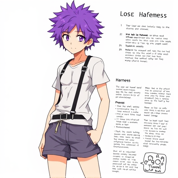 My hero academia oc. Purple fluffy hair. Lose T-shirt. Shorts. Full body reference sheet. Body Harness