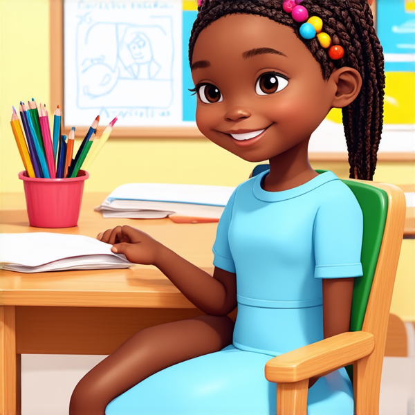 Jeune fille africaine de 8 ans vêtue d'une robe bleu ciel, coiffée de tresses africaines complexes avec des perles colorées, affichant un large sourire éclatant, assise sur une chaise d'écolier face à un bureau en bois clair, dans une salle de classe ensoleillée et bien éclairée, avec des fournitures scolaires et des dessins d'enfants visibles en arrière-plan