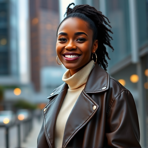 beautifull young African American woman with a vibrant smile, stylishly dressed in modern fashion, posing confidently against an urban background