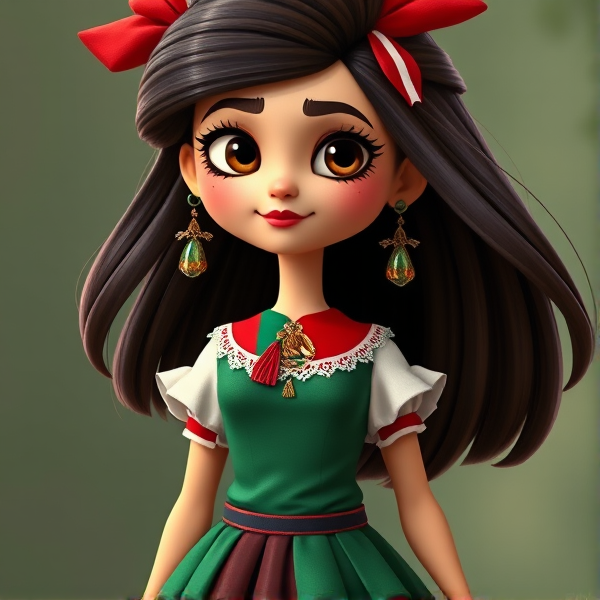 Muñeca con vestido verde blanco y rojo y en el centro el símbolo de la bandera de México y cabello muy largo y rizado animado Pixar