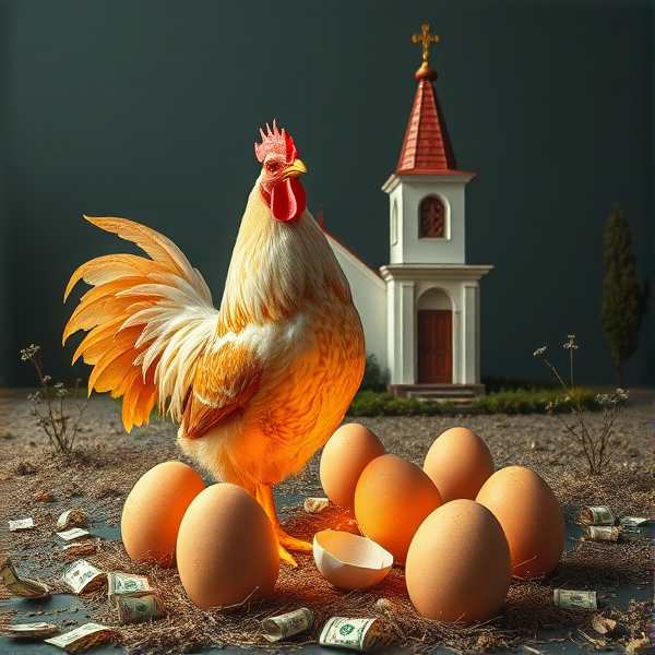 Church is chicken with rockets and live chicken outside eggs with money inside them