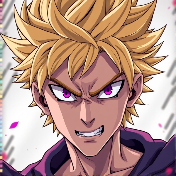 Create a highly detailed image in the style of "My Hero Academia" featuring an original male character around 15 years old, who exudes a palpable sense of malevolence. He should have vibrant, spiky, jagged blonde hair that embodies his evil nature. His piercing purple eyes should radiate malicious intent.