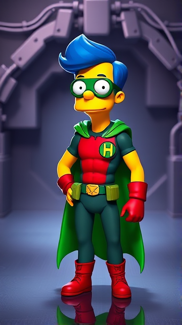 Milhouse Van Houten from The Simpsons, with his yellow skin, really big round nose, and blue hair that's slicked back and curled up at the top, but as a tall, 18-year old teenager, dressed as a parody of Robin, The Boy Wonder, with an extremely muscular torso and arms, a dark green bodysuit with a red torso adorned with a green H symbol on his chest, a grey utility belt, red boots, red long-cuffed gloves, a big, heel-length long, ultra-wide green cape, and a green eye mask with optical lenses in it, now known as Houseboy, The Nerd Wonder, the other half of Springfield's Dynamic Duo, and one of the greatest vigilante superheroes ever known in Springfield. He is currently standing in his secret high-tech underground lair, ready for action.