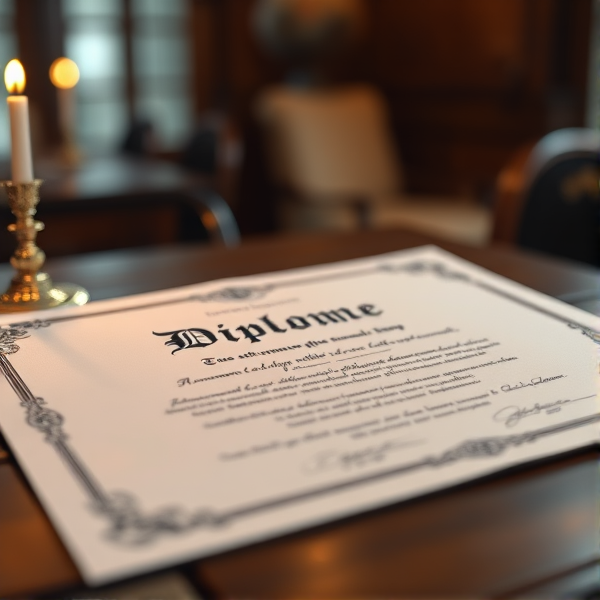 Diplôme écrit en français posé sur une table