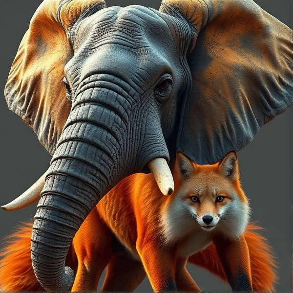 Majestic chimera with the head of an African elephant, featuring pronounced deep wrinkles and textured gray skin; its eyes are soulful and intelligent. This head seamlessly transitions into the body of a red fox, which is both muscular and poised. The creature's fur boasts vibrant reds with gleaming gold highlights. Aim for high-definition realism that underscores the mythical creature's wild elegance and alert stance, as if it’s ready to sprint at any moment
