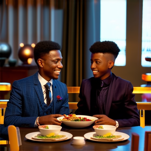 Modern African family wiht a dougther et two young bys enjoying a meal together around a dining table, well-dressed in a mix of traditional and contemporary attire, smiling and interacting with each other, in a cozy home interior with cultural decorations