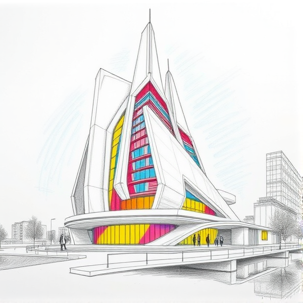 sketch in pencil of a futuristic building in the style of Le Corbousiere with colors