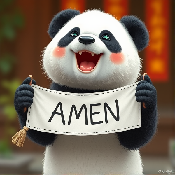 A cute panda holding a Amen banner and laughing