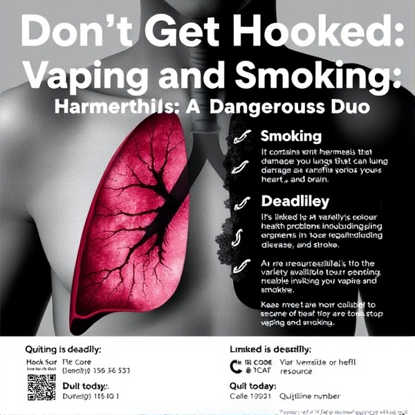 Poster Title: Don't Get Hooked

Image: A stark, black and white image of a person's lungs, one healthy and pink, the other blackened and damaged.

Slogan: Vaping and Smoking: A Dangerous Duo

Body Text:

Vaping is not harmless: It contains harmful chemicals that can damage your lungs, heart, and brain.
Smoking is deadly: It's linked to a variety of serious health problems, including cancer, heart disease, and stroke.
Quitting is possible: There are resources available to help you stop vaping and smoking.
Call to Action:

Learn more: Visit [Website or phone number for a local health organization]
Quit today: Call [Quitline number]
Additional elements:

A QR code linking to a helpful resource
A graphic illustrating the harmful effects of vaping and smoking
A testimonial from someone who has successfully quit
Design:

Use bold, contrasting colors to grab attention.
Keep the layout clean and easy to read.
Use a font that is both legible and visually appealing.
Note: Consider using a local dialect or slang to make the message more relatable to your target audience