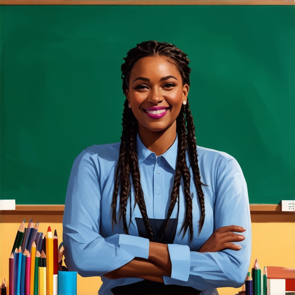 Une institutrice africaine élégante de 50 ans avec des tresses africaines traditionnelles, vêtue d'un uniforme se tient debout devant un tableau noir dans une salle de classe lumineuse et bien rangée, souriante et prête à enseigner. Elle est entourée d'élèves noirs âgés de 10 ans et de fournitures scolaires typiques comme des livres, des cahiers et des crayons, accentuant son rôle d'éducatrice.
