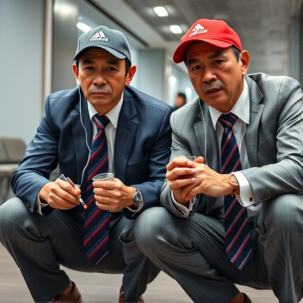 Deux  différents hommes d'affaires japonais puissants mature  accroupis et faché  portant des casquettes Adidas  et des cravates rayées longues  bleue rouge et oreillettes Apple 
Ils sont complices et conquérants , ils dominent 
 , accroupis pas trop et regard fort
Ils sont hypnotisant du regard , amis, complice , envoûtant , charismatique 

Ils me proposent une cigarettes électroniques