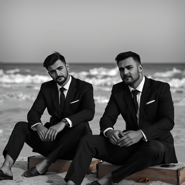 Two men in black and white suits sitting on the beach in black sad