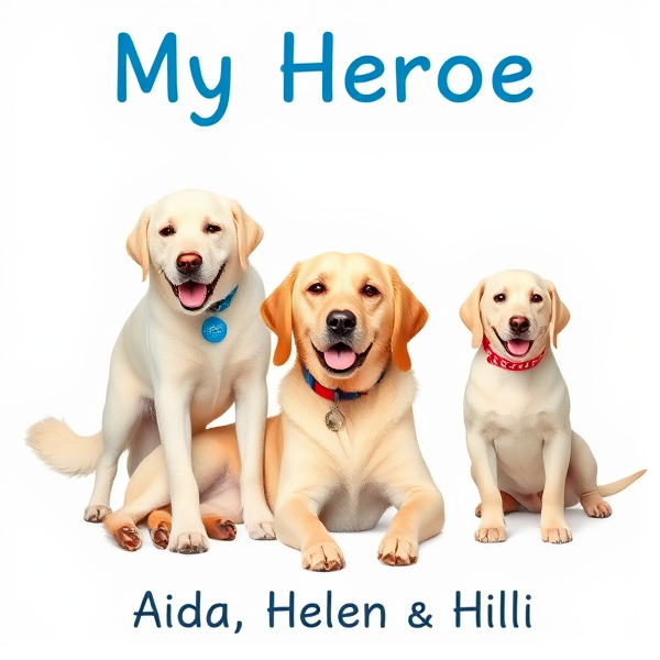 create poster with My Heroes. On the bottom says Aida, Helen & Hili. The poster has three female dogs. one dog is beautiful white cross-breed labrador and golden retreiver guide dog standing with a smile and wagging tail with blue name tag says Aida. next to her is laying a light colored beautiful labrador with red name tag that says Helen. Helen's long ears are a bit darker at the bottom. next to Helen sits a beautiful light colored slim golden and labrador cross bread with long light ears smiling with a pink around neck.
Hili is not a puppy