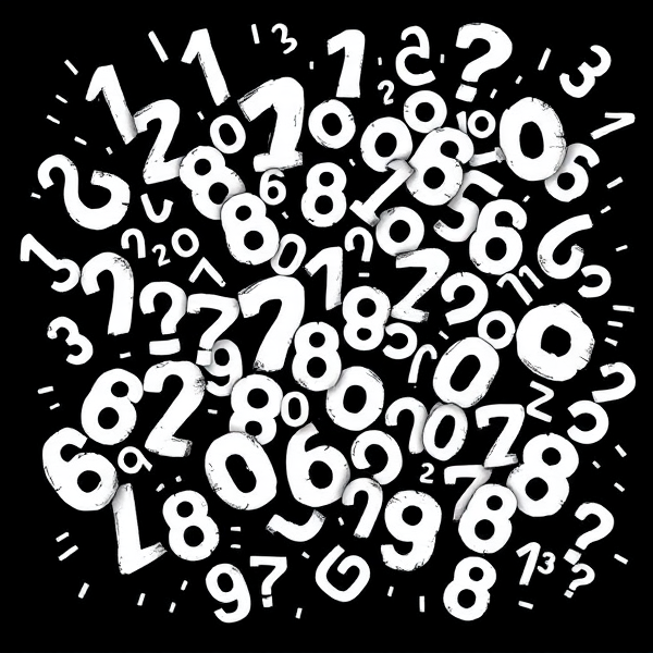 The image is a black and white illustration of a large number of numbers arranged in a chaotic and chaotic manner. The numbers are all different sizes and shapes, with some being larger and some being smaller. The background is black, and the numbers are white, creating a stark contrast with the black background. The image appears to be hand-drawn and has a grungy, textured appearance. The overall mood of the image is chaotic and disorganized.
