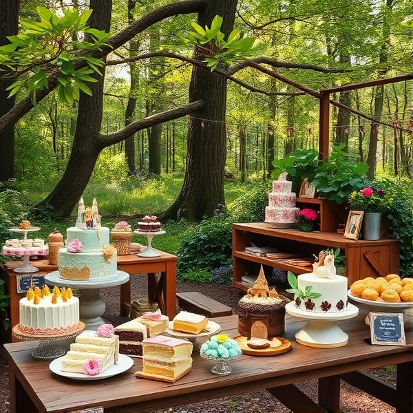 A cozy outdoor bakery set in an enchanting forest clearing, with rustic wooden tables displaying a variety of intricate, whimsical desserts such as fairy-tale inspired cakes, artisanal pastries, and chocolate creations amidst lush greenery and vibrant flowers, with soft sunlight filtering through the tree canopy above