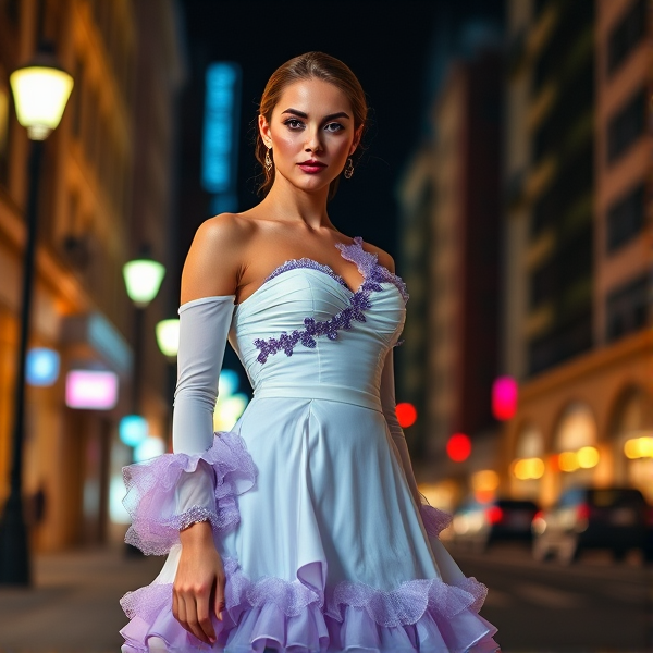 a one-shoulder white dress, with lavender details and frills. It had long white sleeves reaching the wrists, and the bottom half of the dress was layered with purple underskirts. The dress had a sweetheart neckline, adding a touch of elegance to the overall look