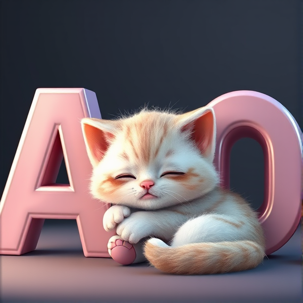 An adorable, fluffy kitten nestled comfortably against large, shiny 3D block letters forming the acronym "AUO" with its eyes gently closed and a contented expression