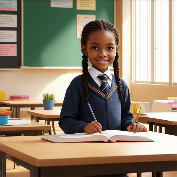 jeune fille noire de 10 ans, vêtue d'un uniforme scolaire des tresses africaines, debout souriante et concentrée devant un tableau noir rempli de regles d'orthographe en français  dans une salle de classe ensoleillée et colorée avec des bureaux en bois et des affiches éducatives sur les murs