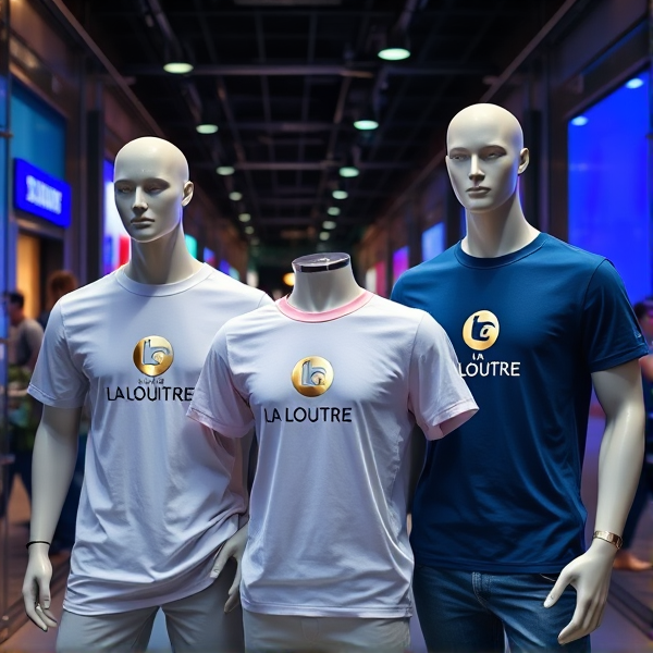 Créez un visuel attrayant pour un prospectus publicitaire mettant en vedette des t-shirts de la marque "La Loutre" avec un design moderne et élégant, incluant le logo de la marque clairement visible, assorti d'une mise en scène dynamique et stylisée qui évoque le confort et la qualité. Assurez-vous que les t-shirts soient présentés sur des mannequins souriants et confiants dans un contexte urbain branché ou . Ajoutez également des éléments graphiques