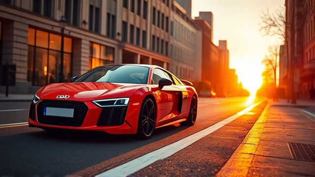 Audi R8 parked on a city street at sunset, sleek body reflecting the warm light, with clear details showing its iconic design and luxury features