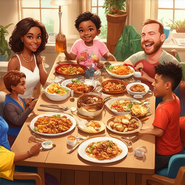 Repas de famille afro-américaine chaleureux et convivial, avec un grand assortiment de plats traditionnels soul food sur une grande table en bois, entourée de membres de la famille riant et partageant des moments ensemble dans une salle à manger bien éclairée et décorée pour l'occasion