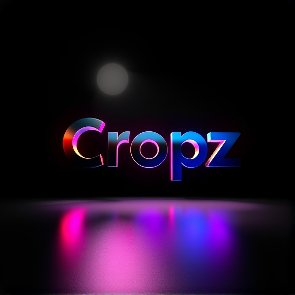 Highly detailed, high-contrast 3D logo with the text "Cropz" emerges in bold relief against an inky black background. The logo is designed with a futuristic flair using a bold, sans-serif font that seems to leap forward from the darkness. This dynamic interplay of light and shadow is achieved by a concentrated circular beam of light that casts dramatic, sharp shadows across the logo's surface, emphasizing its sleek futuristic curves. A reflective metallic finish adorns the logo, which cleverly interacts with the illuminating light to reveal a prismatic array of vibrant colors featuring intense gradation, creating an effect of lifelike depth akin to the high-quality animations seen in Pixar films. The logo boasts an impeccable crispness and geometric precision in its rendering that calls to mind the sophisticated visual effects produced by state-of-the-art rendering software such as Unreal Engine, Octane Render, and V-Ray. An exaggerated and surreal atmosphere pervades the design, incorporating science fiction elements while being engineered to evoke excitement and pique curiosity through neuromarketing principles.