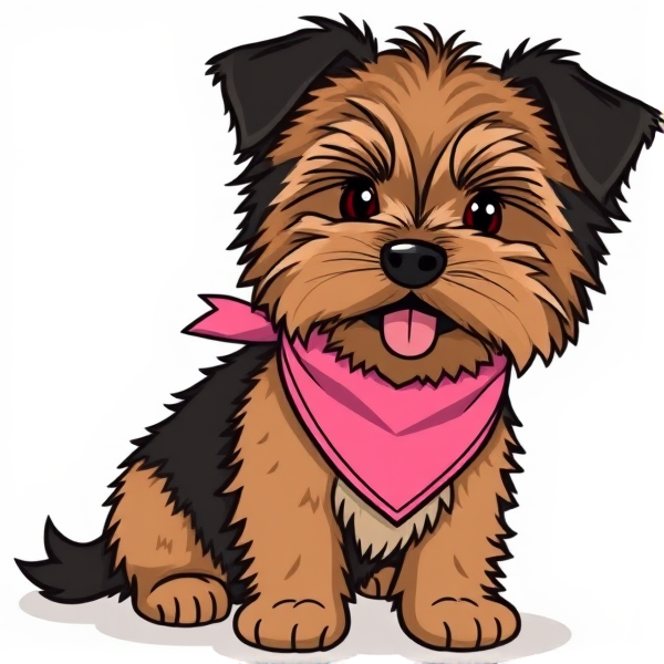 a cartoon of a sassy brown tibetan terrier puppy with black ears and a pink bandana
