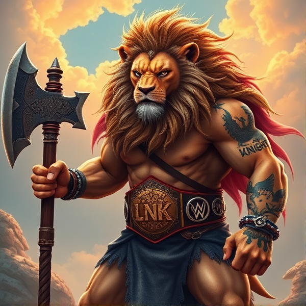 Un Lion barbare dieux du soleil une hache comme Léo escanor, avec des poils de lion et une carrure imposante et avec la ceinture de LA KNIGHT le catcheur et ces lunettes de soleil, il a un tatoo avec marqué LA KNIGHT