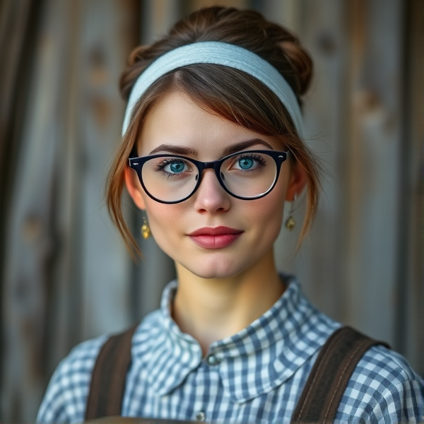 An Amish woman in her early twenties with blue glasses brown hair in a bun and Amish clothing with a kapp on