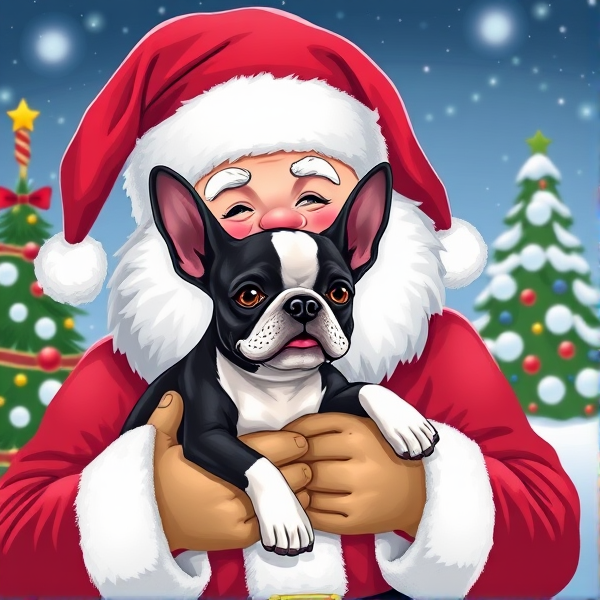Illustration Santa holding a Boston terrier puppy with a Christmas background scene