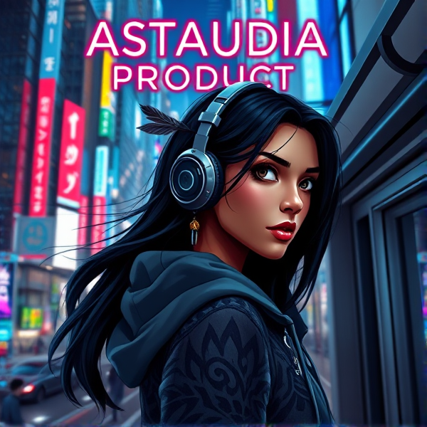 Create a 3D digital illustration featuring a Native American girl with flowing ebony hair, adorned in small tribal feather earrings. She's equipped with high-tech, conceptually designed headphones and sports a tribal-patterned hoodie (hood lowered) that hints at her heritage. As she glances back at us with a sultry, knowing gaze, desire in her eyes, she exits an underground subway station on the street level on the right side into an expansive, bustling night-time cityscape reminiscent of "Akira" or cyberpunk Tokyo. The metropolis should be filled with a myriad of vibrant neon Japanese holographic signs. At the top of this futuristic panorama, the words "ASTAUDIA PRODUCT" should be emblazoned in neon chrome using a retro-futuristic font.