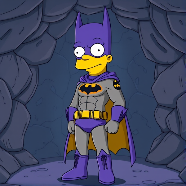 Bart Simpson from The Simpsons, but as a tall teenager who's 18 Years Old, with his yellow skin and an extremely muscular body, dressed as a parody of Batman, known as Bartman, with his bodysuit being grey, his utility belt being gold, and his boots, gloves, briefs, cape, and cowled mask all being purple. He is one half of Springfield's Dynamic Duo, and is one of the greatest vigilante superheroes ever known. He is currently standing in his secret high-tech underground lair hidden beneath Simpson Manor, the Bart Cave, ready for action.