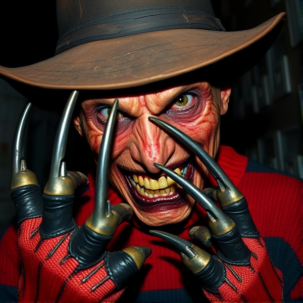 Freddy Krueger en posture menaçante avec un gros plan mettant l'accent sur le pull rayé rouge et noir aux textures usées et effilochées, portant un chapeau marron usé qui recouvre partiellement son crâne brûlé. Ses griffes métalliques luisantes et acérées sont mises en évidence au premier plan, tandis que son expression faciale est terrifiante, avec des yeux rouges injectés de sang fixant intensément et un sourire tordu dévoilant des dents inégales et pointues. La peau du visage et du cou est marquée par des cicatrices irrégulières évoquant des brûlures graves. L'atmosphère nocturne et sinistre est renforcée par une lumière tamisée qui crée des ombres menaçantes sur son visage, le tout dans un effet réaliste 3D capturé dans une ruelle sombre.