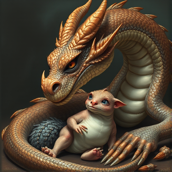 A lazy, fat, blobby mother dragon trying to make its baby dragon fat but the baby is refusing the fatty foods and the baby is weak and skinny