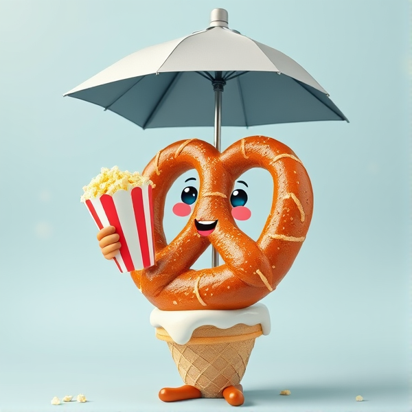 Je voudrais une image avec une bretzel heureuse salée, qui tient un pop corn, debout sur une  boule de glace et avec un parasol gris carré