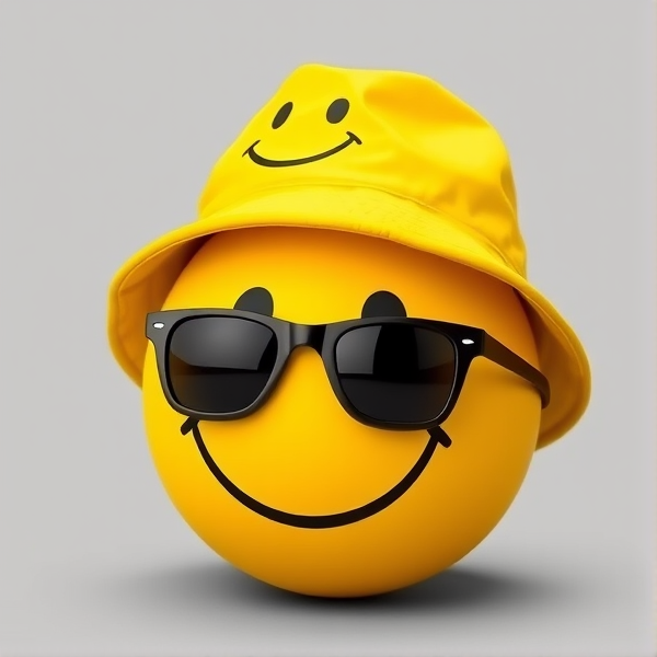 A yellow smiley face wearing a yellow bucket hat with a smiley face on it and black shades